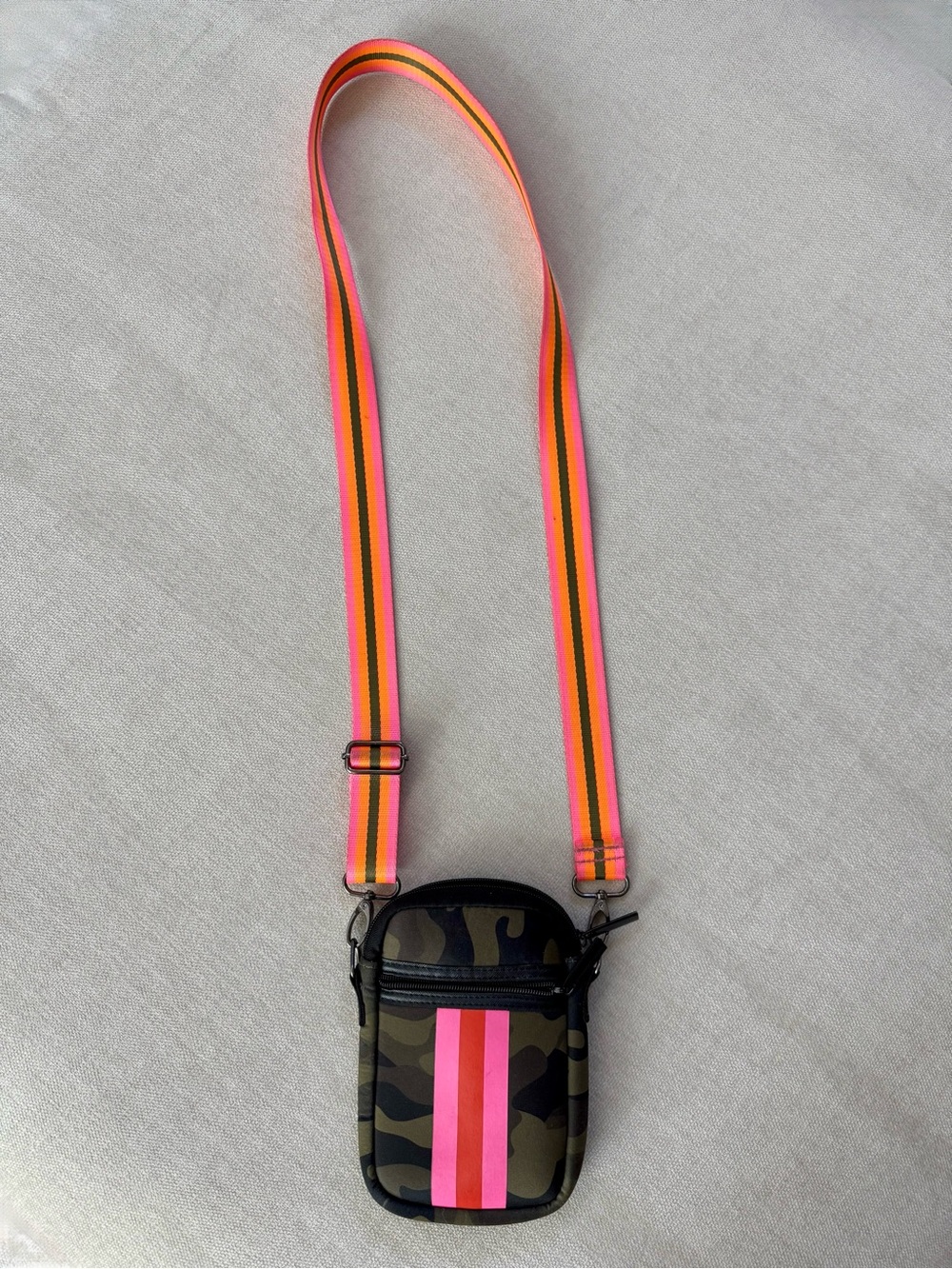 Neoprene Camo Crossbody w/Neon Pink & Orange Stripes